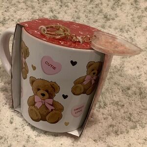 Cute Pink Teddy Bear Ceramic Coffee Mug 16oz. & Resin Glitter Heart Keychain NWT